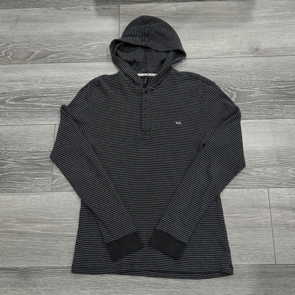 RVCA Henley Men's Small Black Gray Striped Thermal Hooded Shirt Long Sleeve